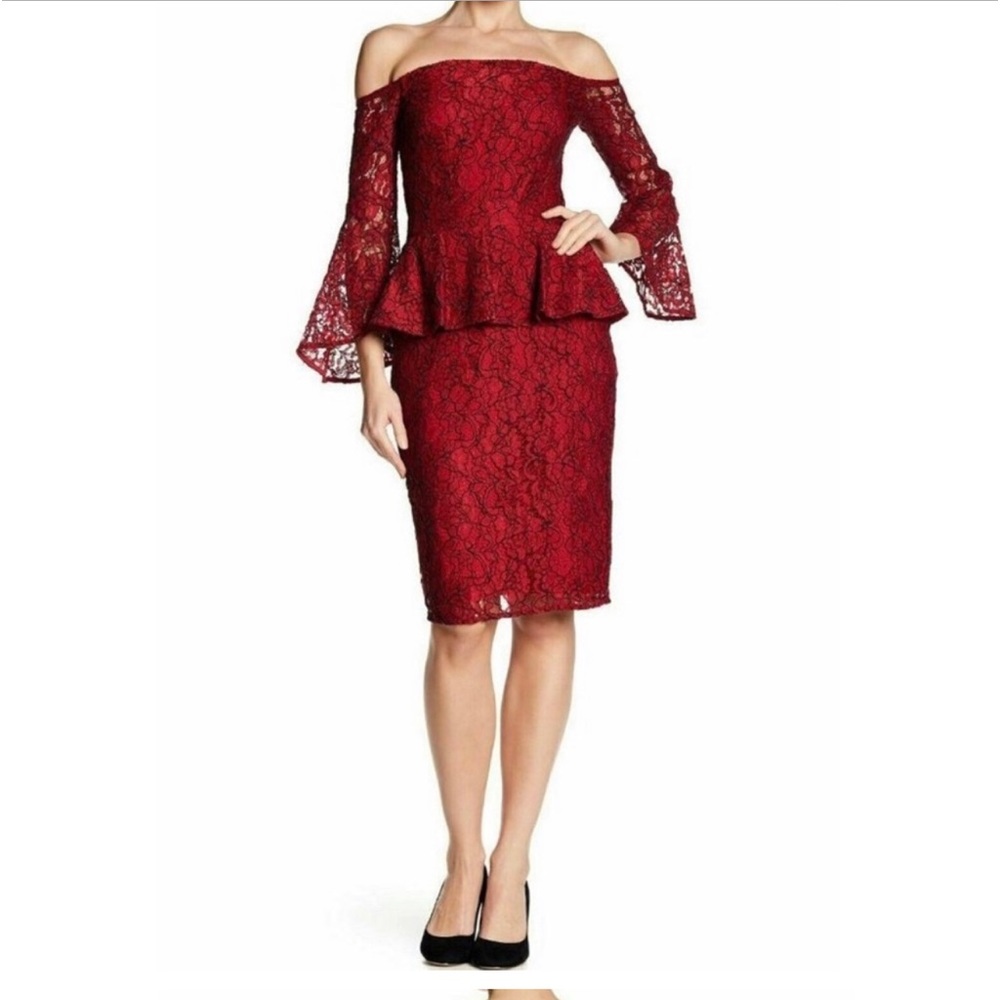 Laundry by Shelli Segal Red Black lace Peplum Cocktail Dress 🚀Ready to ship🎁😊